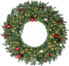 36-inch pre-lit Christmas wreath with red berries, ornaments, and warm white LED lights, perfect for front doors.