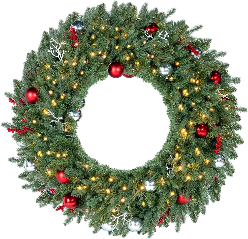 36-inch pre-lit Christmas wreath with red berries, ornaments, and warm white LED lights, perfect for front doors.