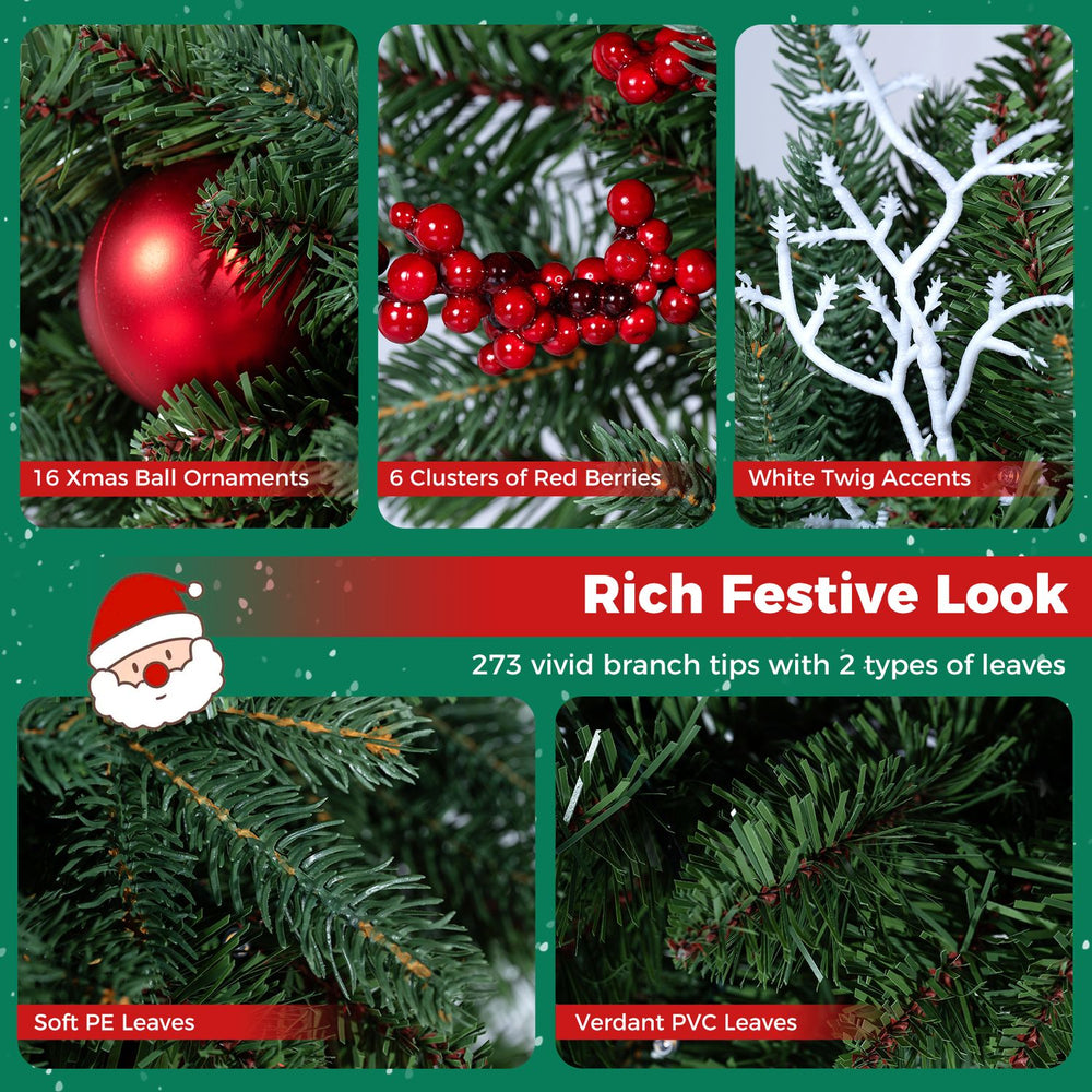 36-inch pre-lit Christmas wreath featuring 273 branch tips, red berries, ornaments, and 100 warm white LED lights for festive decor.