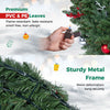 36-inch pre-lit Christmas wreath features soft PE and PVC leaves, 100 warm white LED lights, and a sturdy metal frame.