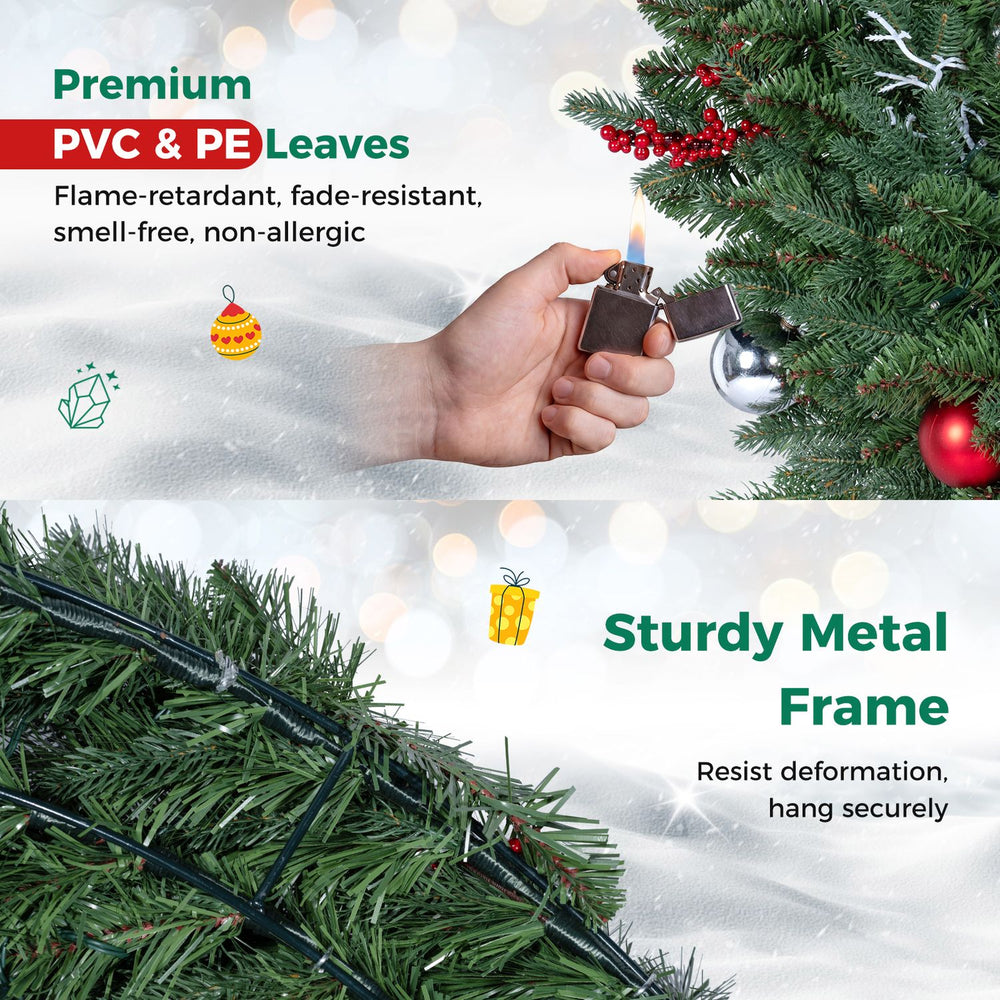 36-inch pre-lit Christmas wreath features soft PE and PVC leaves, 100 warm white LED lights, and a sturdy metal frame.