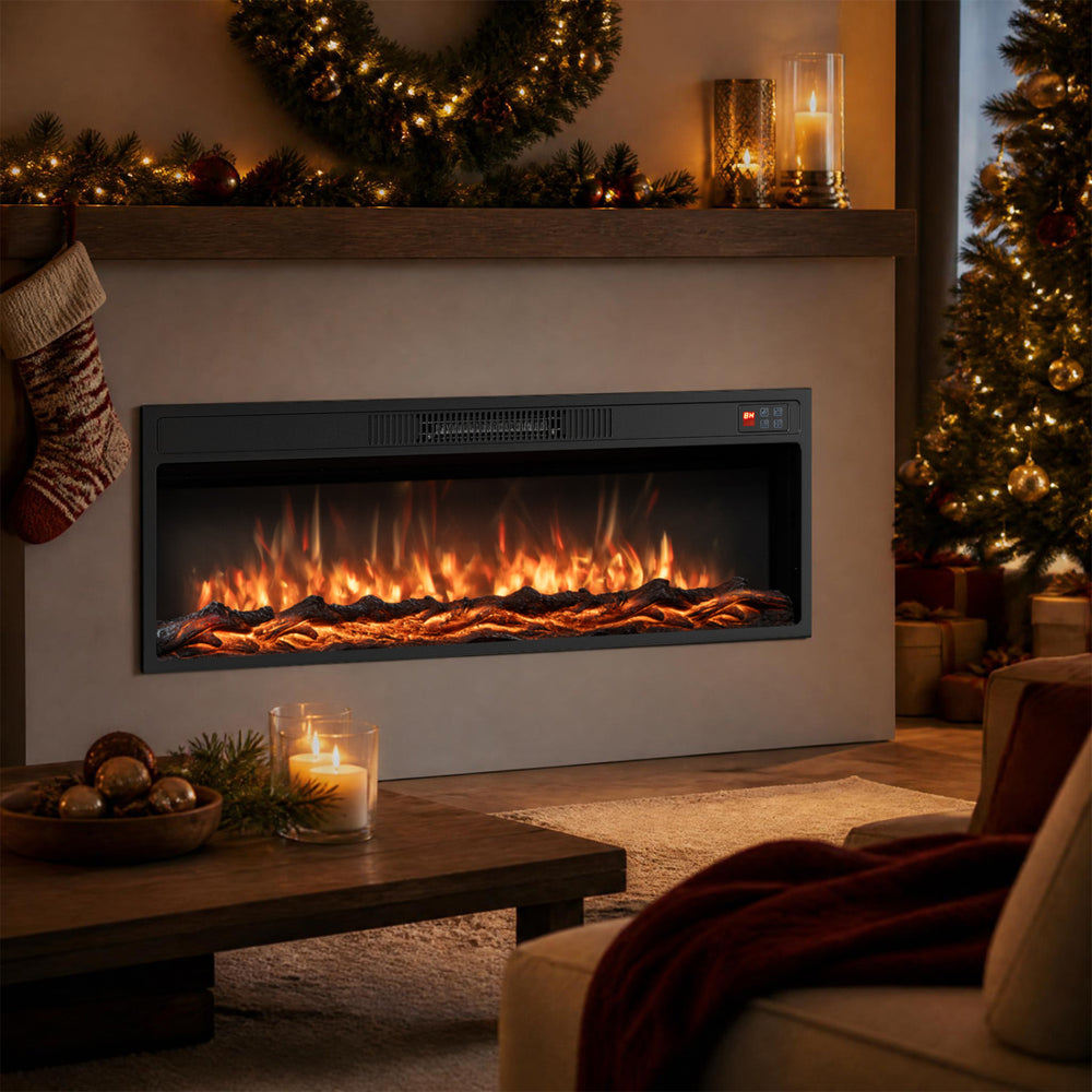 Recessed electric fireplace heater with adjustable flame colors and brightness, providing warmth and ambiance for cozy living spaces.