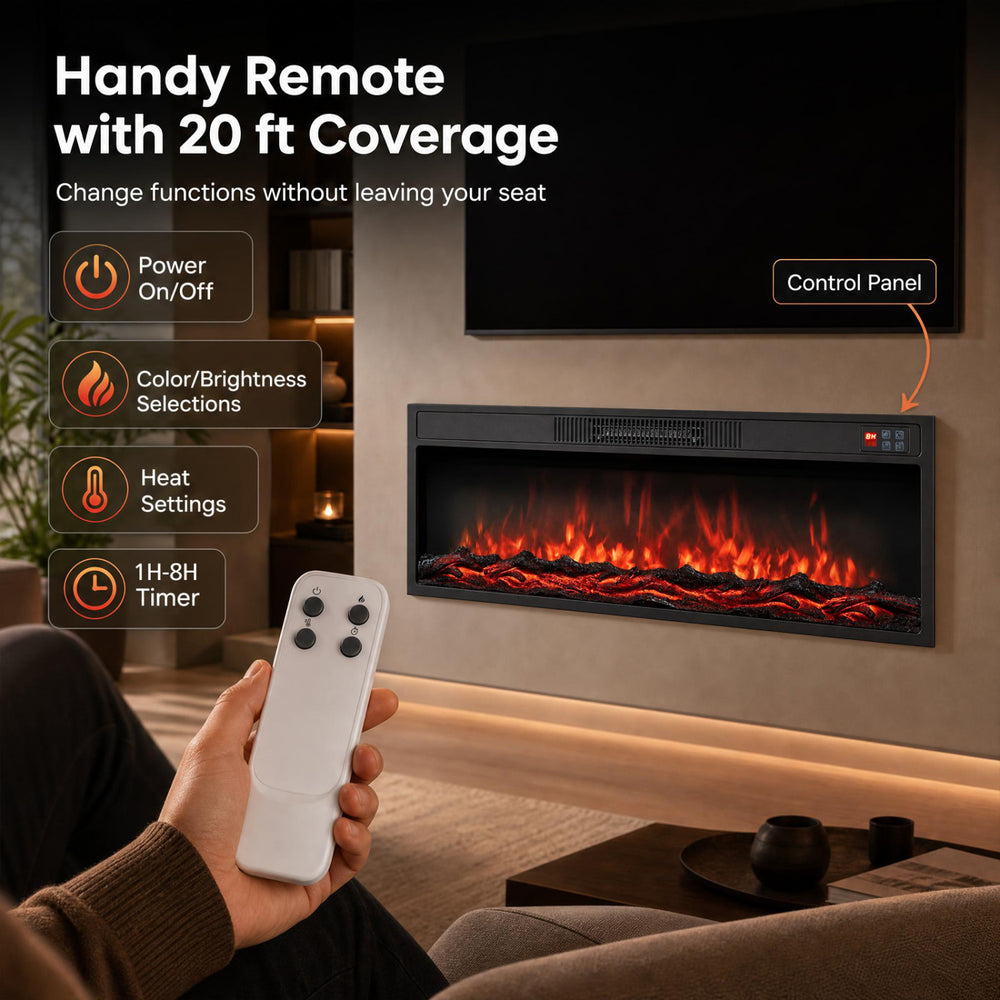 Recessed 36-inch electric fireplace heater with adjustable flame colors, remote control, and 400 sq.ft heating coverage.