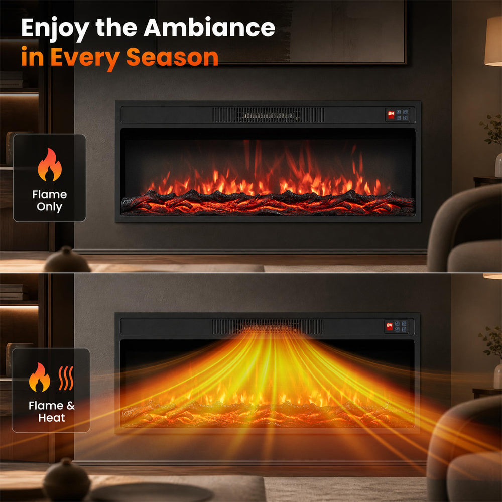 Recessed electric fireplace heater features adjustable flame colors, brightness, and dual heating modes for cozy ambiance.