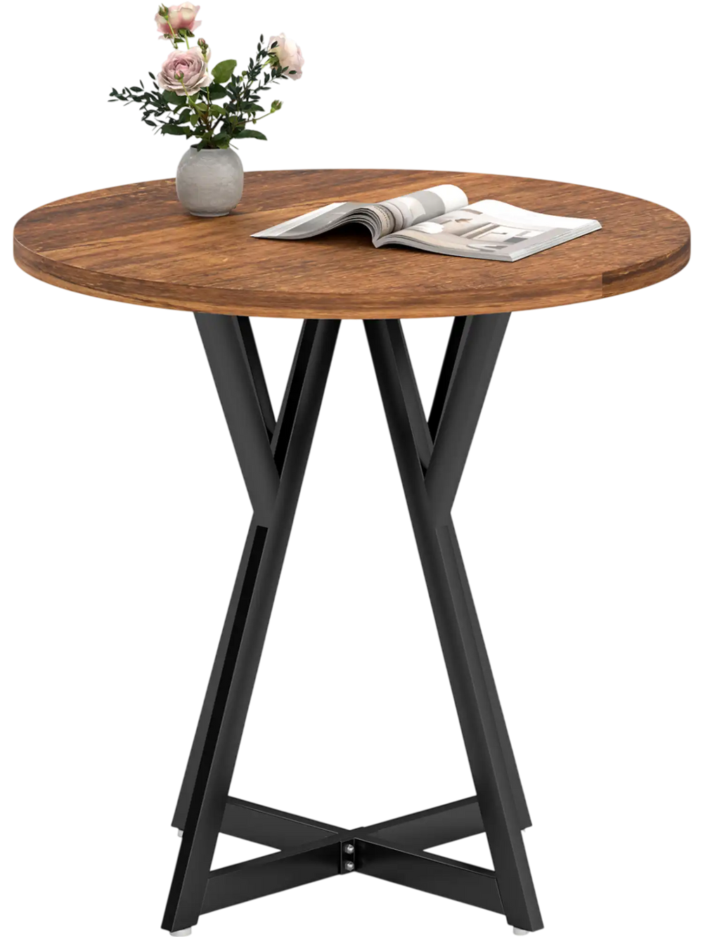 Rustic brown round dining table showcasing an elegant wood-grain surface and adjustable foot pads for stability.
