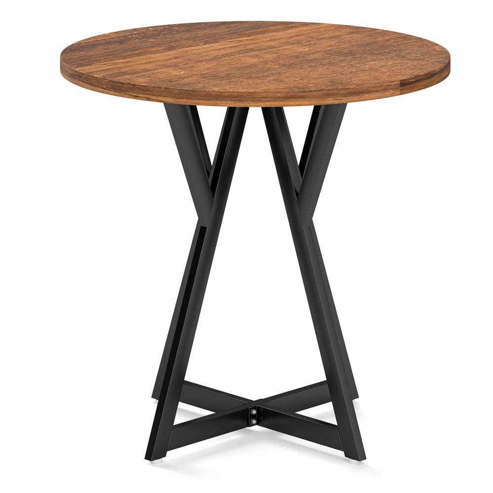 Rustic brown round dining table featuring a durable X-shaped metal base, perfect for enhancing any dining space.