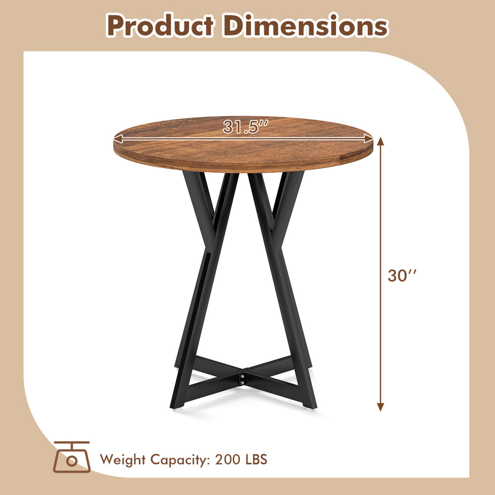Round dining table with a rustic brown wood-grain surface and sturdy X-shaped metal base, 31.5" diameter, 30" height.