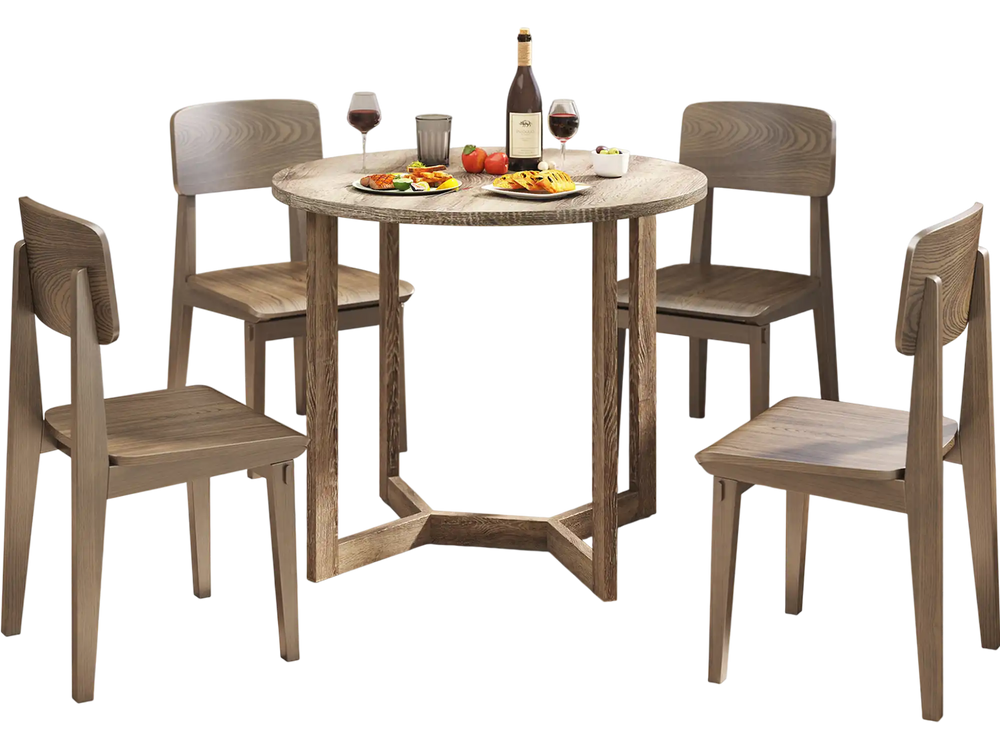 Round 36-inch wood dining table with wing-shaped pedestal base, suitable for 2-4 people in a modern kitchen setting.