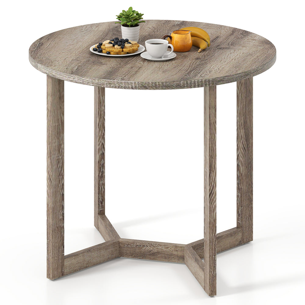 Round 36-inch grey wood dining table with wing-shaped pedestal base, ideal for cafes or kitchens, seating 2-4 people.