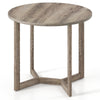 Round 36-inch wood dining table with a grey finish and wing-shaped pedestal base, ideal for cafes or kitchens.