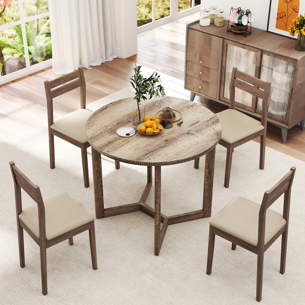 Round 36-inch wood dining table with wing-shaped pedestal base, suitable for 2-4 people, perfect for kitchen or cafe.