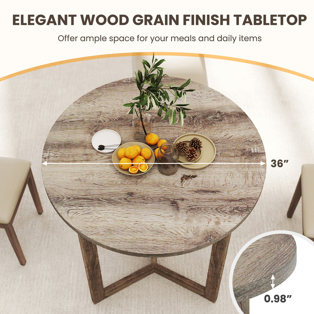 Round 36-inch dining table with grey wood grain finish, wing-shaped pedestal base, perfect for cafes or kitchens.