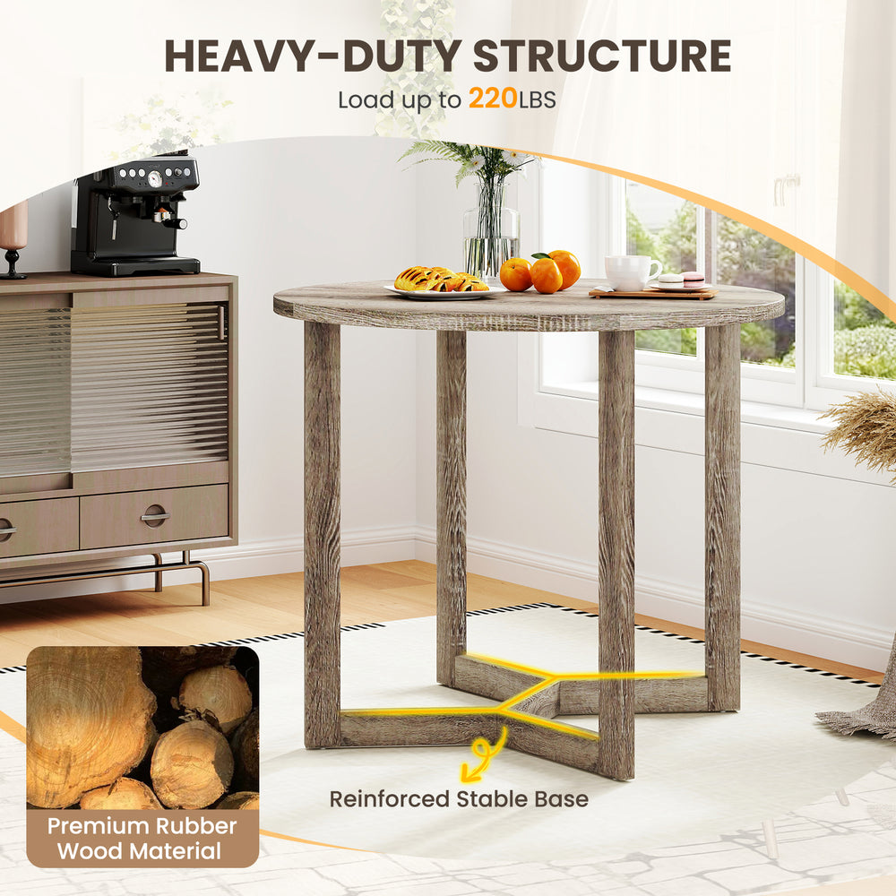 36-inch round dining table with a wing-shaped pedestal base, made of rubber wood, suitable for cafes and kitchens.