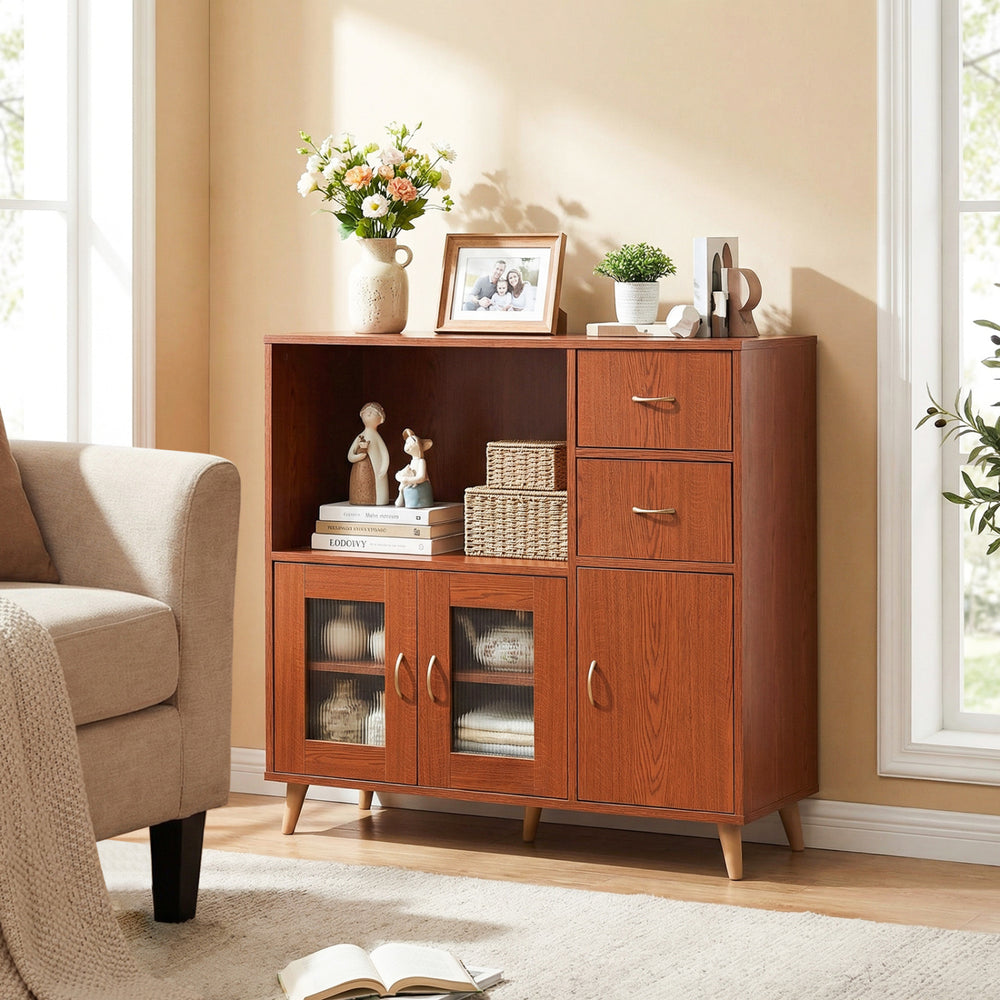 Open compartment and pull-out drawers of the 36-inch brown sideboard buffet cabinet for versatile storage solutions.