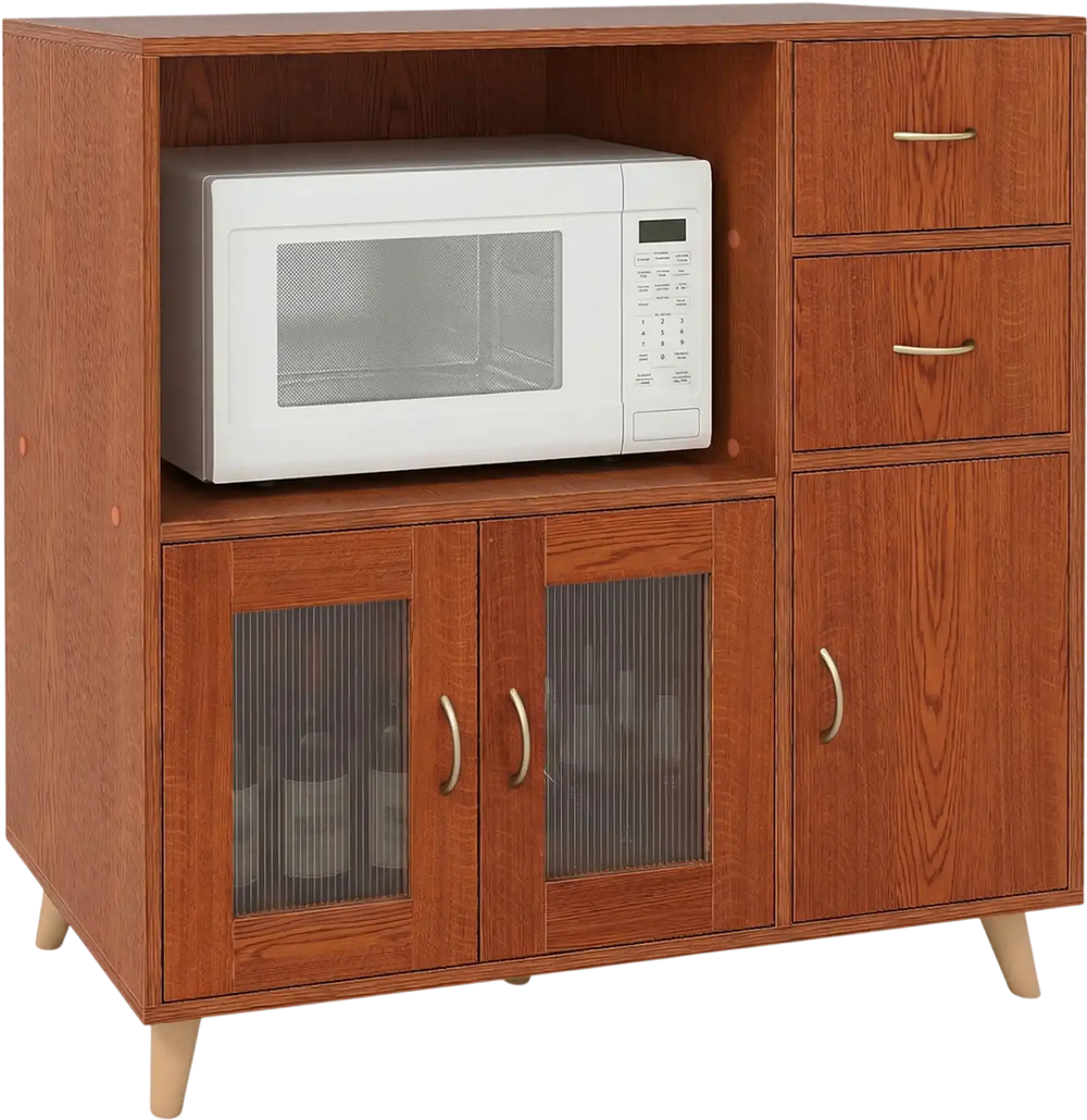 36-inch brown sideboard buffet cabinet with open compartment, pull-out drawers, and transparent door panels for elegant.