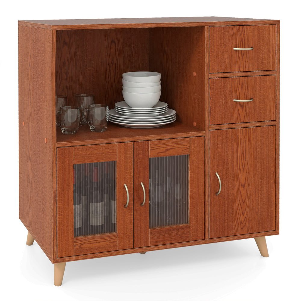 36-inch brown sideboard buffet cabinet with open compartment, drawers, and transparent doors for elegant storage.