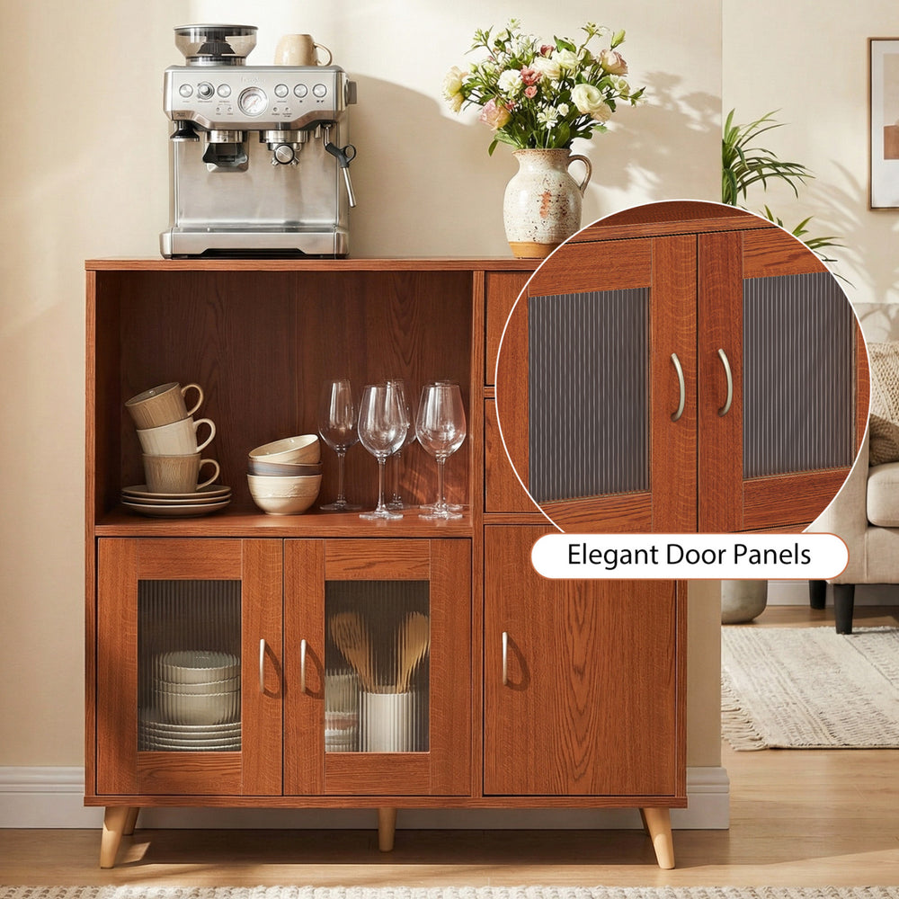 36-inch brown sideboard buffet cabinet with open compartment, elegant door panels, and stable tapered legs for.