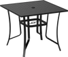 36-inch square black metal patio table with slatted top and umbrella hole, ideal for outdoor dining for four.