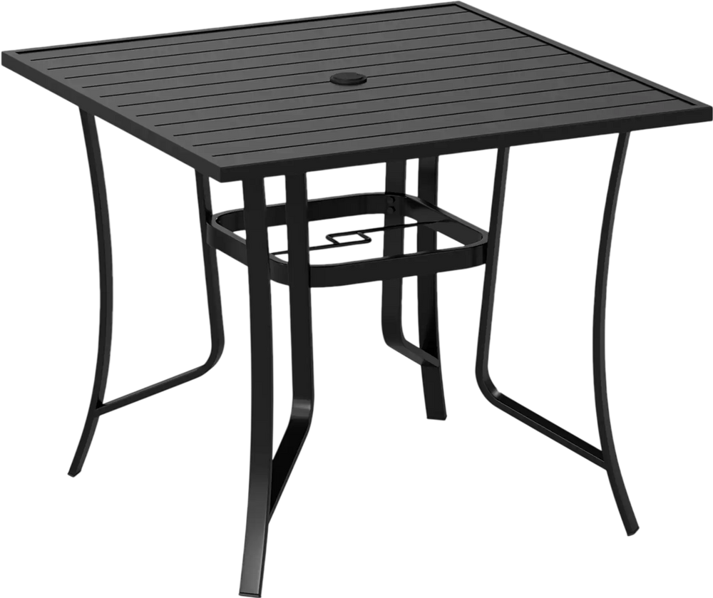 36-inch square black metal patio table with slatted top and umbrella hole, ideal for outdoor dining for four.