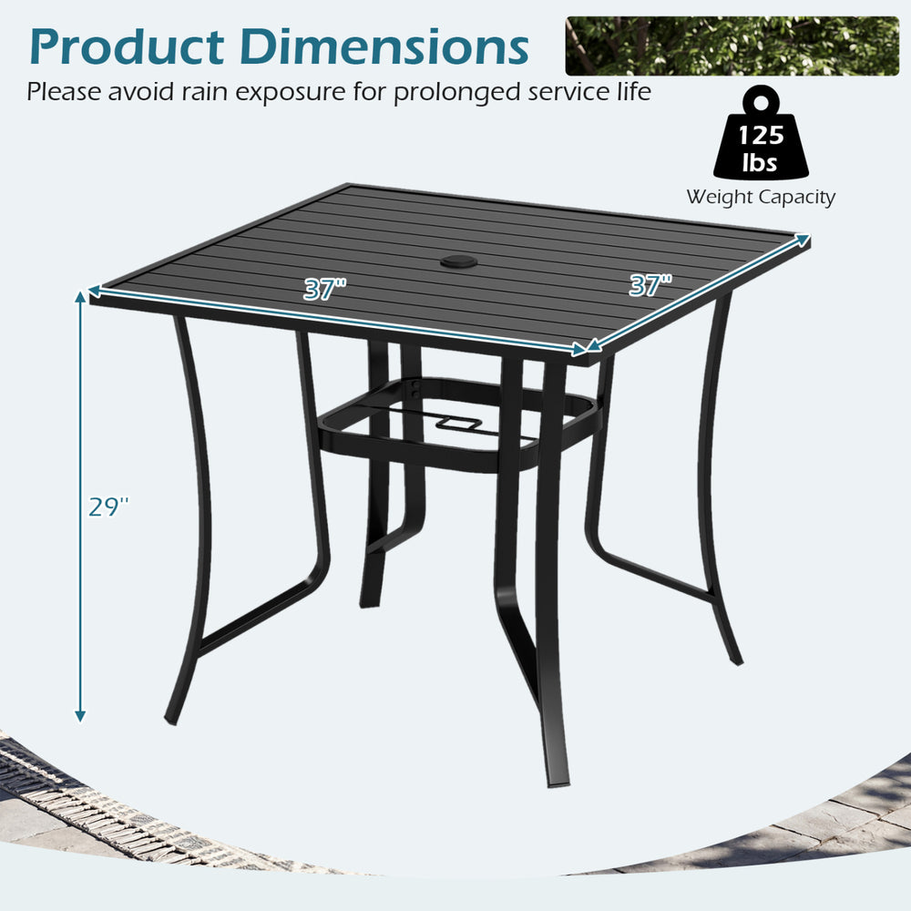 36-inch square black metal patio table with umbrella hole, designed for 4 people, featuring a slatted tabletop and.