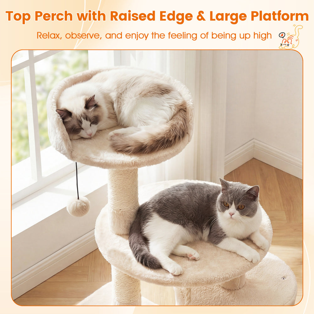 Two cats lounging on the plush top perch of a 36-inch tall kitten tower with a beige finish, perfect for climbing and.