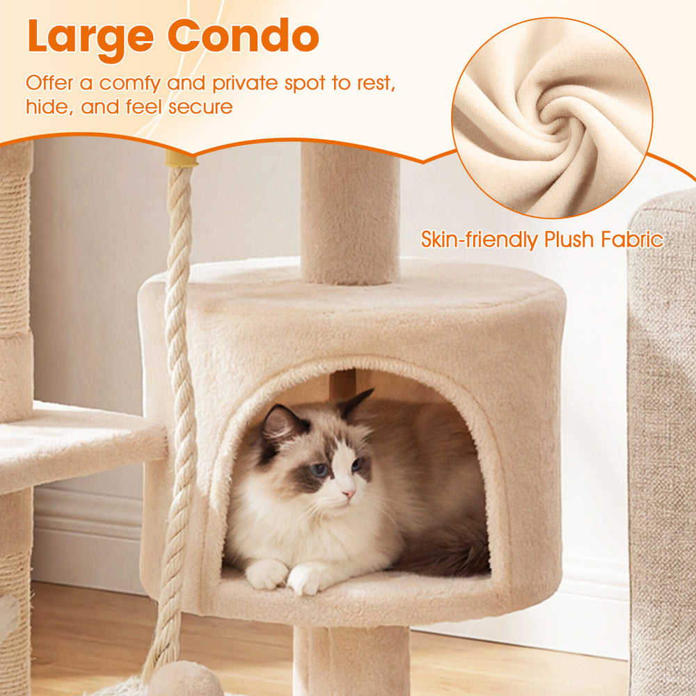 36-inch tall kitten tower in beige with a plush condo, ideal for climbing, lounging, and scratching activities.