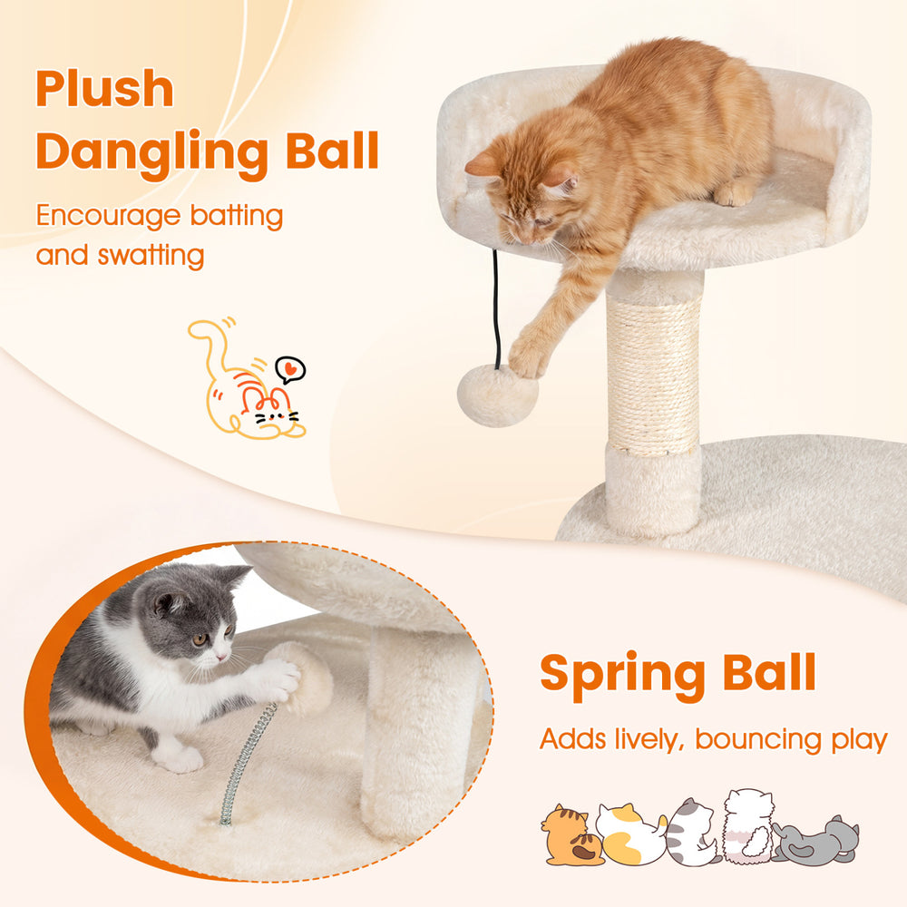 36-inch tall kitten tower in beige with plush perch, condo, and interactive dangling ball for playful entertainment.