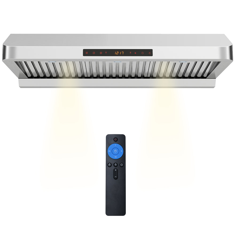 36-inch under cabinet range hood in silver with remote control, 900 CFM airflow, and dual LED lights for kitchen.