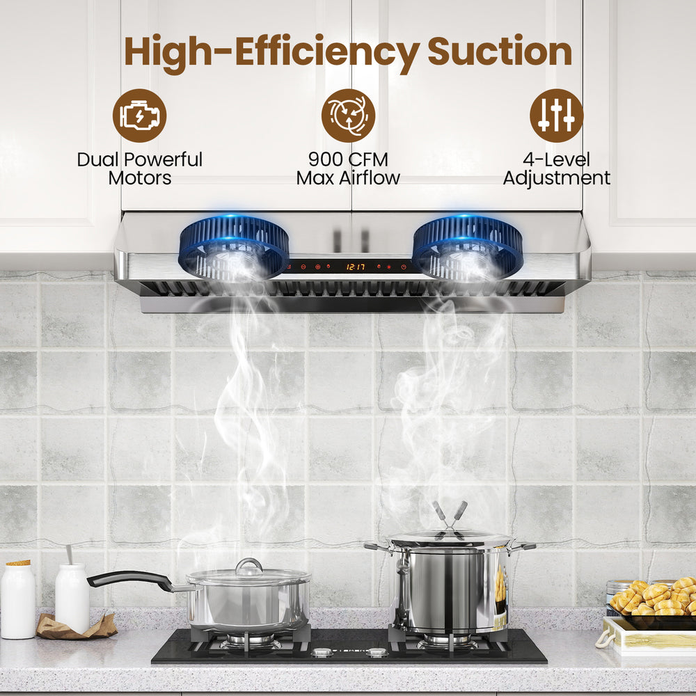 36-inch under cabinet range hood with dual motors, 900 CFM airflow, and 4-level fan speed for efficient kitchen.