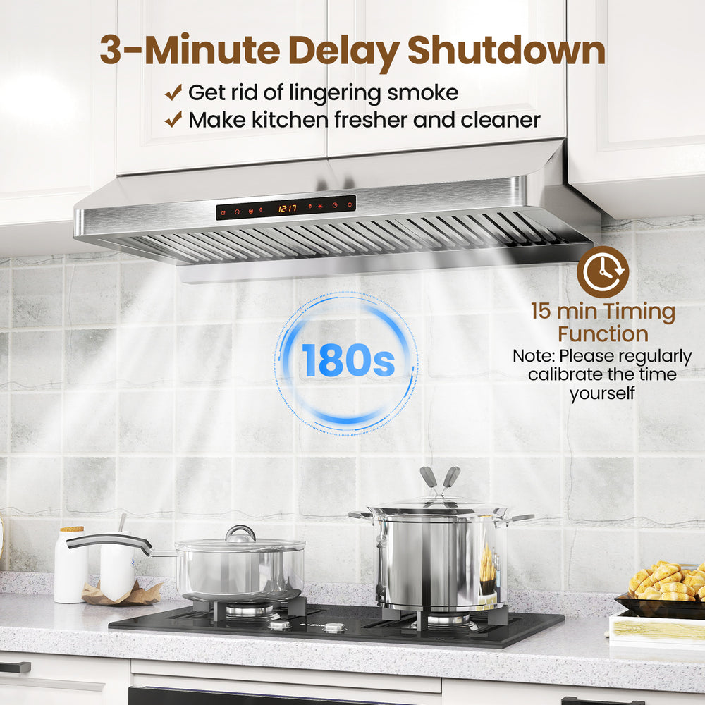 36-inch under cabinet range hood in silver with 900 CFM airflow, featuring a 3-minute delay shutdown and LED lights.