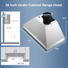 36-inch under cabinet range hood in silver with 4 fan speeds, baffle filters, and dimensions for effective smoke.