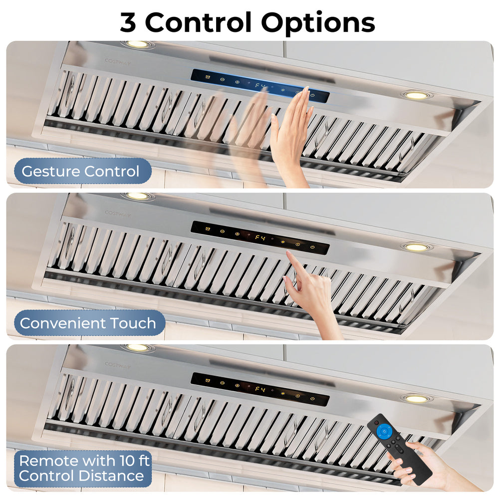 Three control options for the 36 Inch Under Cabinet Range Hood, featuring touch, gesture, and remote control for.