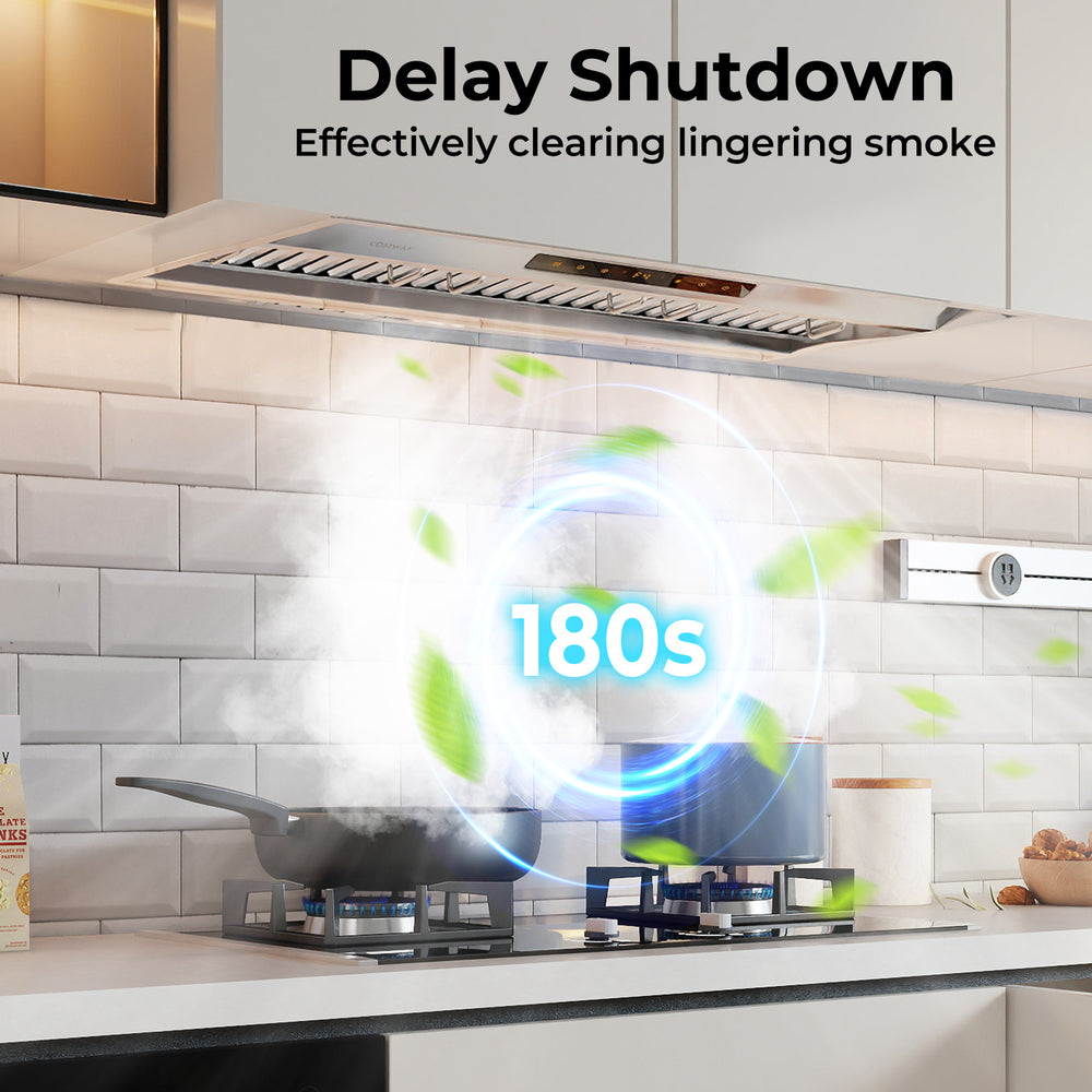 36-inch under cabinet range hood with 900 CFM airflow, showing delay shutdown feature for effective smoke removal.