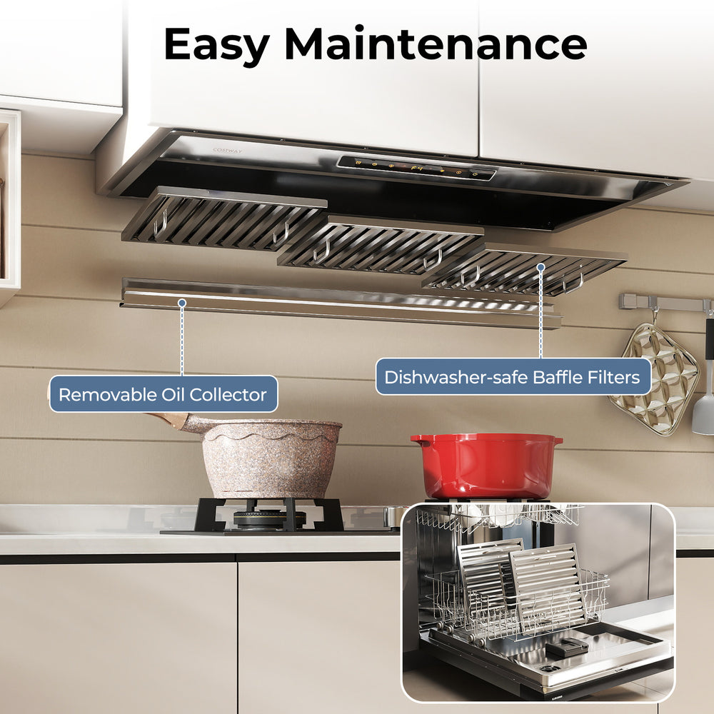 Removable oil collector and dishwasher-safe baffle filters of the 36-inch under cabinet range hood for easy maintenance.