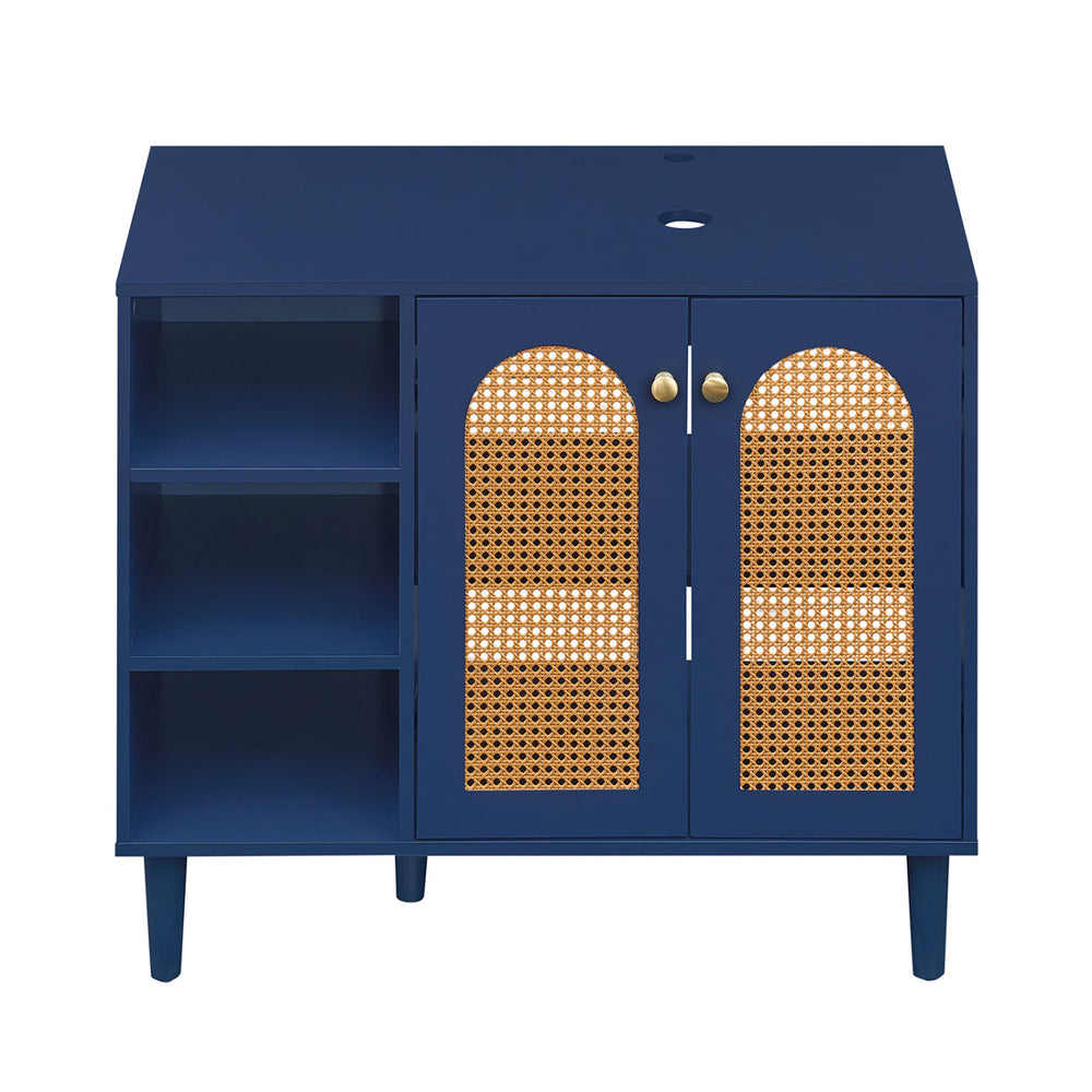 Navy 36-inch under sink cabinet with cane doors and open shelves, ideal for vessel sinks and single-handle faucets.