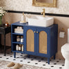 Navy 36-inch under sink cabinet with rattan doors, designed for vessel sinks and single-handle faucets.