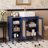 Navy 36-inch under sink cabinet with boho design, featuring open shelves and woven rattan doors for stylish bathroom.