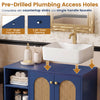 Navy 36-inch under sink cabinet with pre-drilled holes for vessel sinks and single-handle faucets, featuring boho.