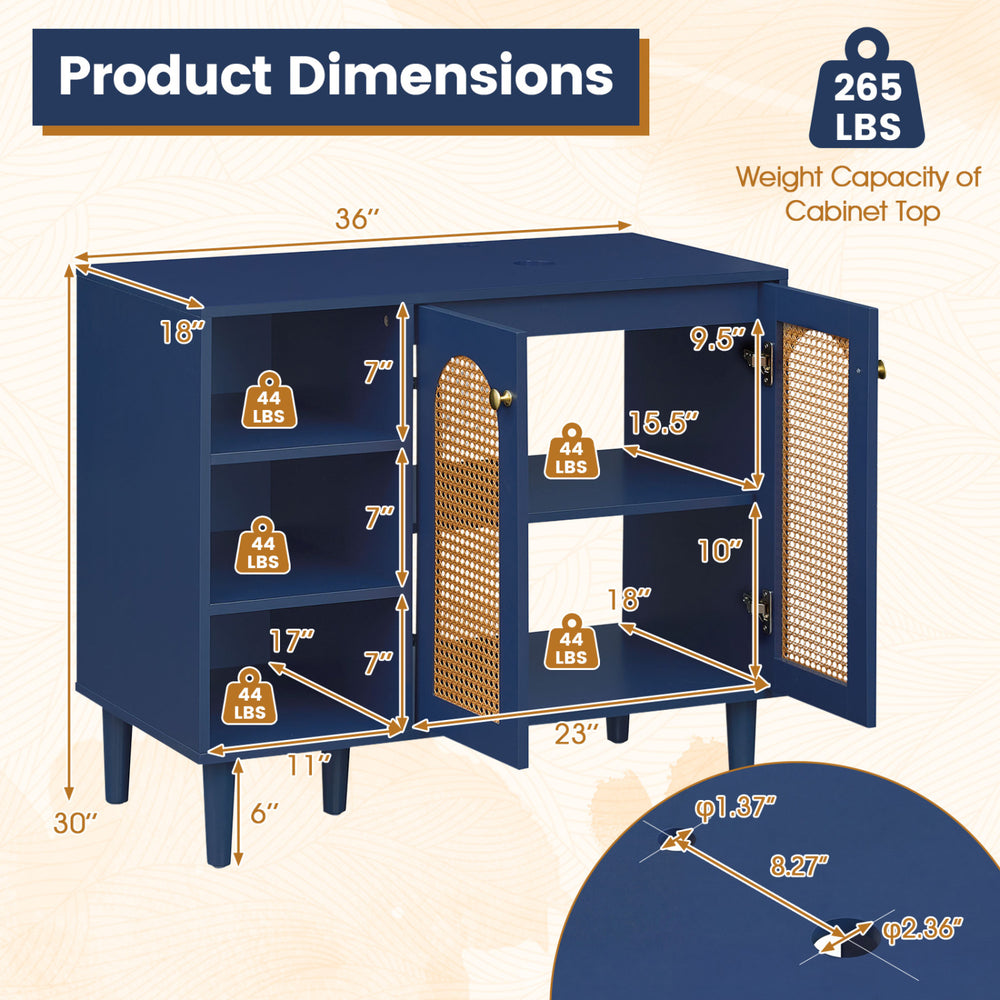 Navy 36-inch under sink cabinet with dimensions, featuring two shelves and a weight capacity of 265 lbs.