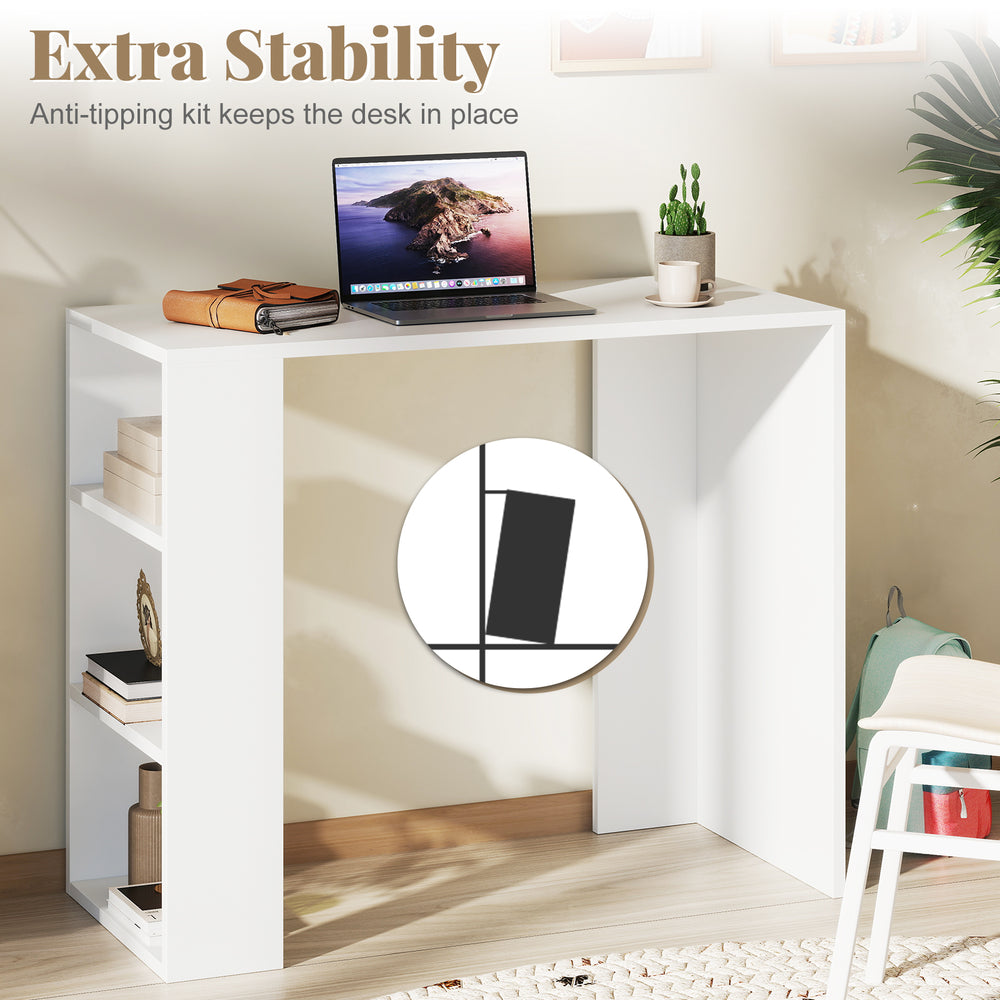White 36-inch computer desk with 3 open shelves, featuring an anti-tipping kit for extra stability in small spaces.