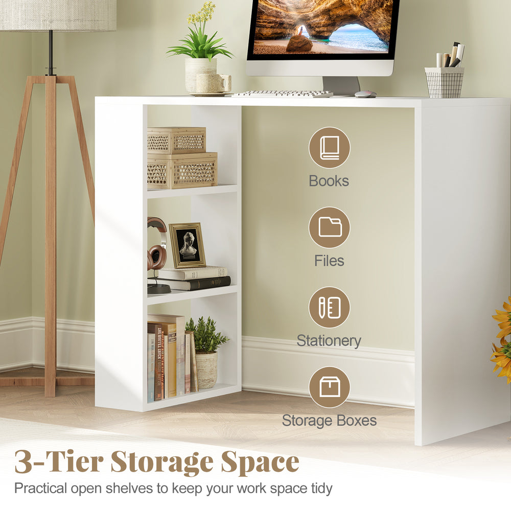 Compact 36-inch white computer desk featuring 3 open shelves for books and files, ideal for home office organization.