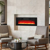 Recessed 36-inch electric fireplace heater with LED strip lights, showcasing vibrant flames in a cozy living room.