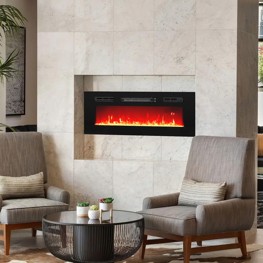 Recessed 36-inch electric fireplace heater with LED strip lights, showcasing vibrant flames in a cozy living room.