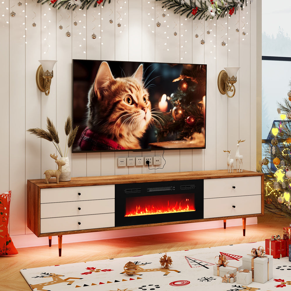 Electric fireplace heater with LED strip lights, remote control, and stylish design for cozy home ambiance.
