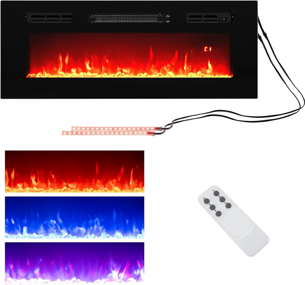36 Inches Electric Fireplace Heater Recessed with LED Strip Lights and Remote Control