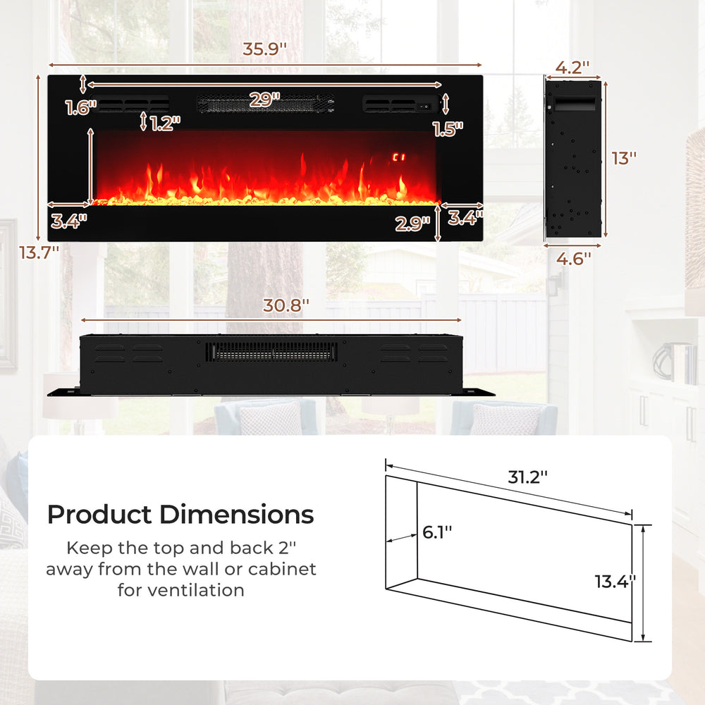 Dimensions of the 36-inch recessed electric fireplace heater with LED strip lights and remote control for cozy ambiance.