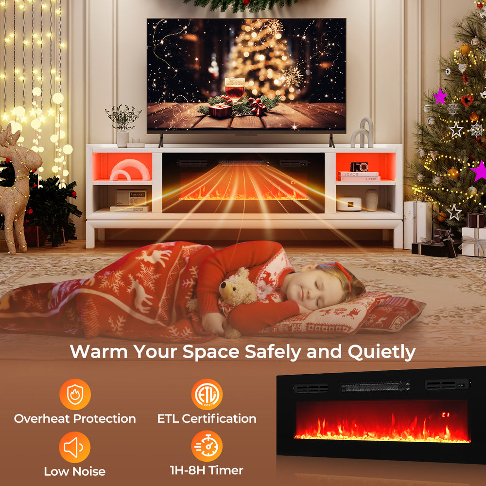 Electric fireplace heater with LED strip lights, remote control, and overheat protection, perfect for cozy living.