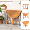 Outdoor folding round dining table made of acacia wood, featuring a slatted tabletop and space-saving design for easy.