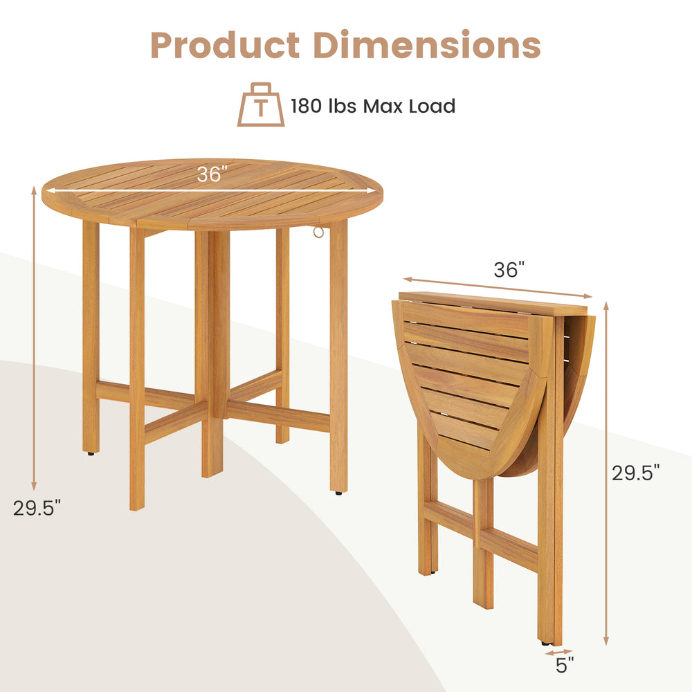 36-inch outdoor folding round dining table in acacia wood, featuring slatted tabletop and space-saving design for.