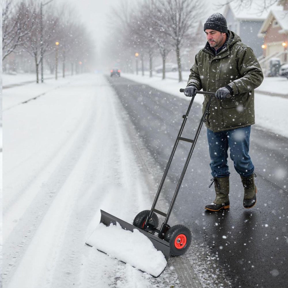 36-inch wheeled snow shovel with adjustable angle and ergonomic handle, ideal for efficient snow removal on driveways.